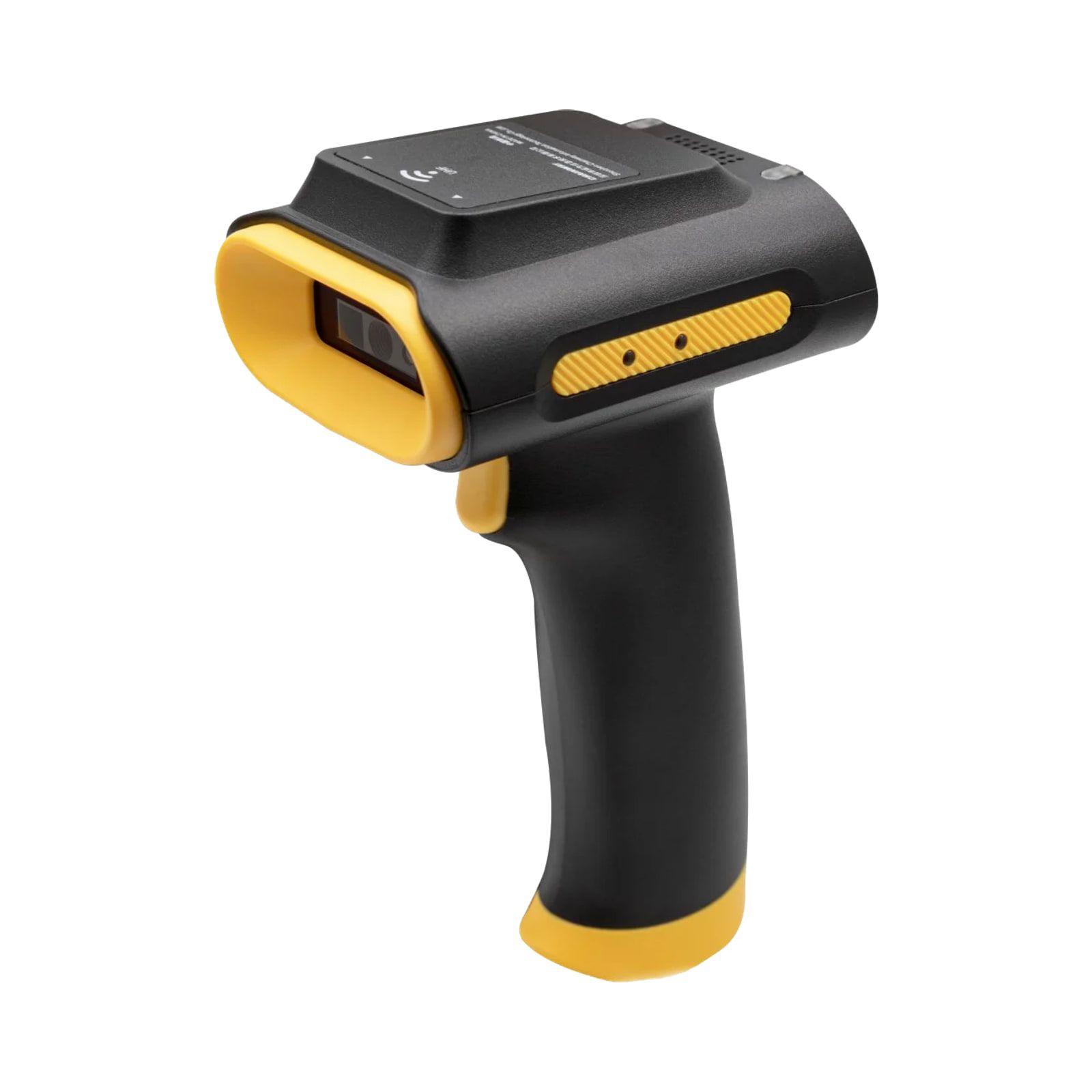 Een handscanner voor barcodes met pistoolgreep, in zwart met gele accenten.