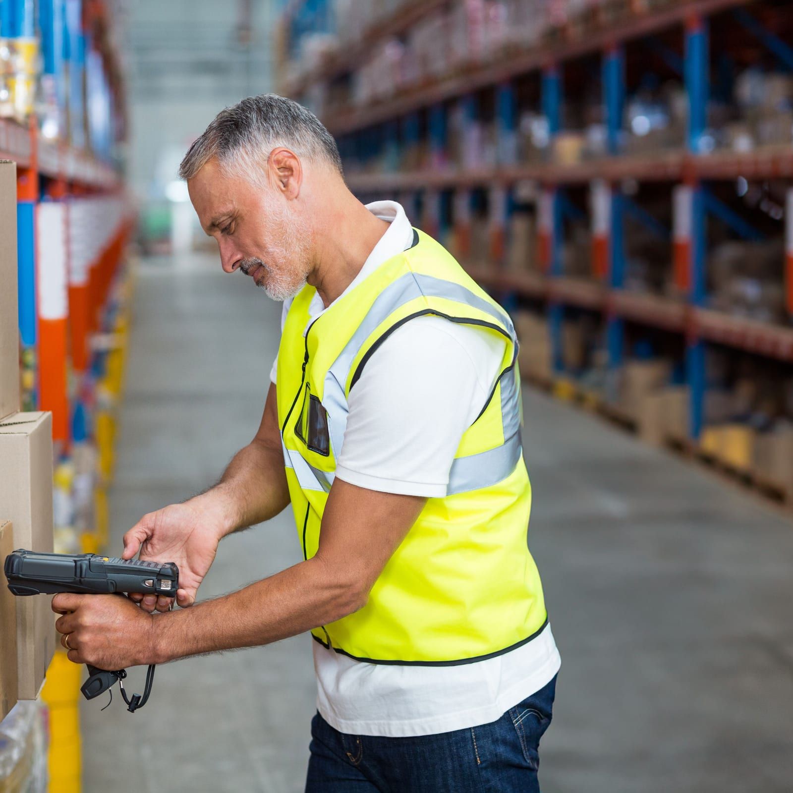 Een magazijnmedewerker loopt met een RFID-handheld langs een volle stelling.