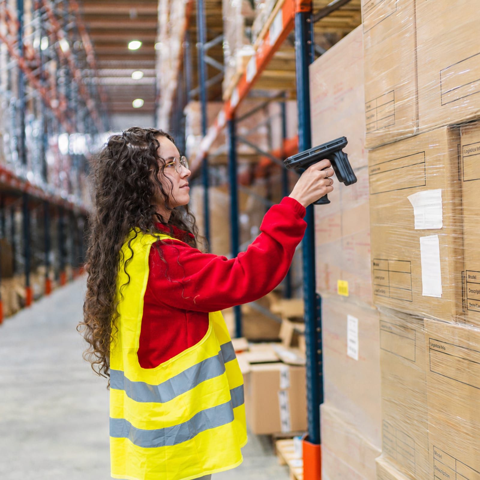 Magazijnmedewerker in een geel hesje richt een RFID-reader op een gewikkelde pallet met gelabelde dozen