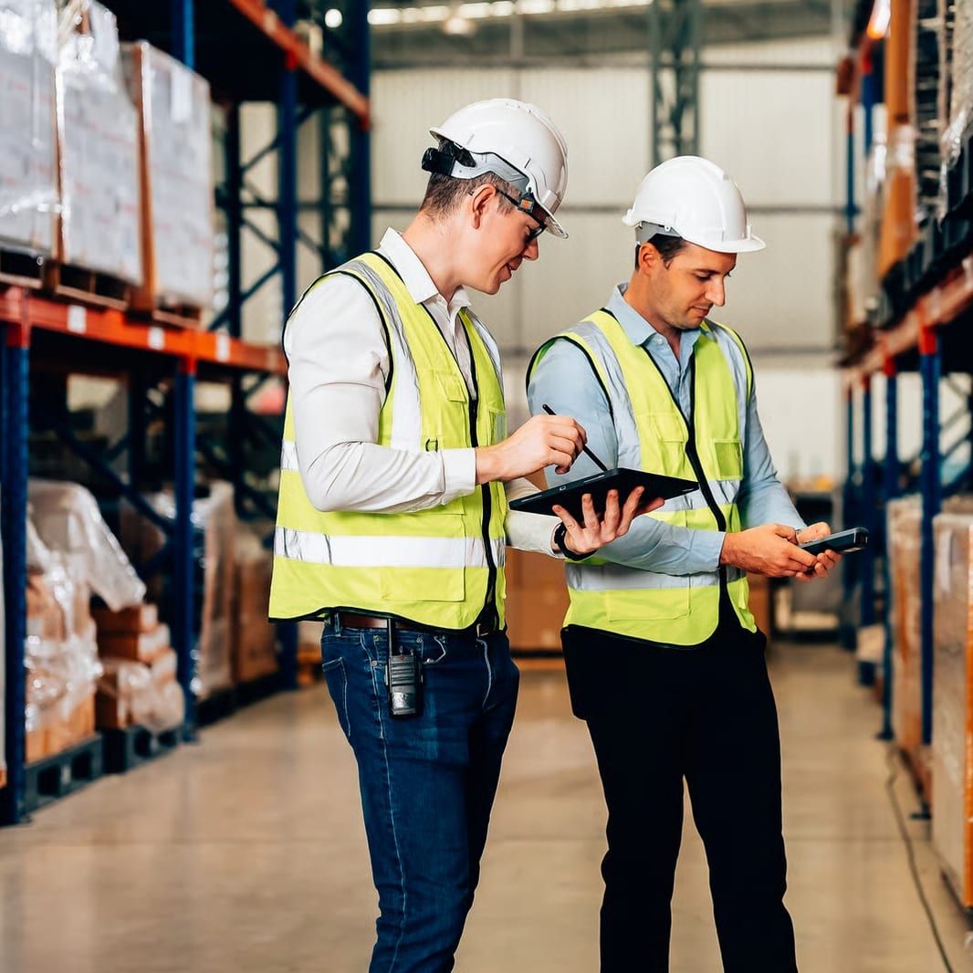 Twee medewerkers staan in een gang tussen palletstellingen en kijken samen op een tablet.