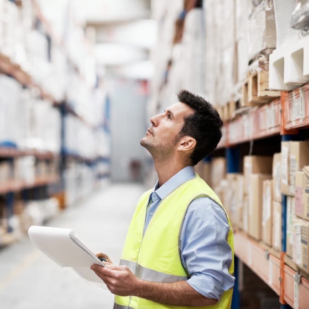 Een medewerker met een tablet in de hand kijkt omhoog langs een schap met dozen en verpakkingen.
