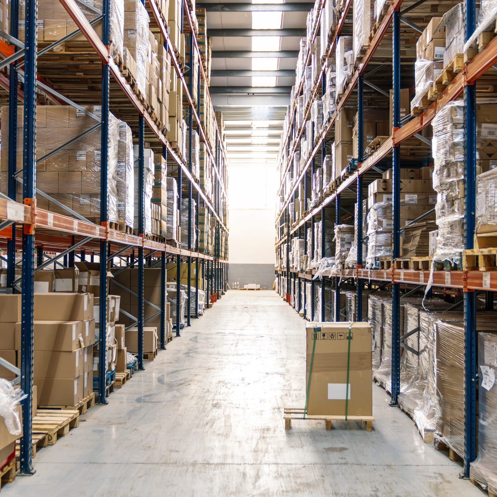 Een magazijngang tussen hoge palletstellingen, gevuld met gewikkelde pallets en gelabelde dozen tot bovenaan.