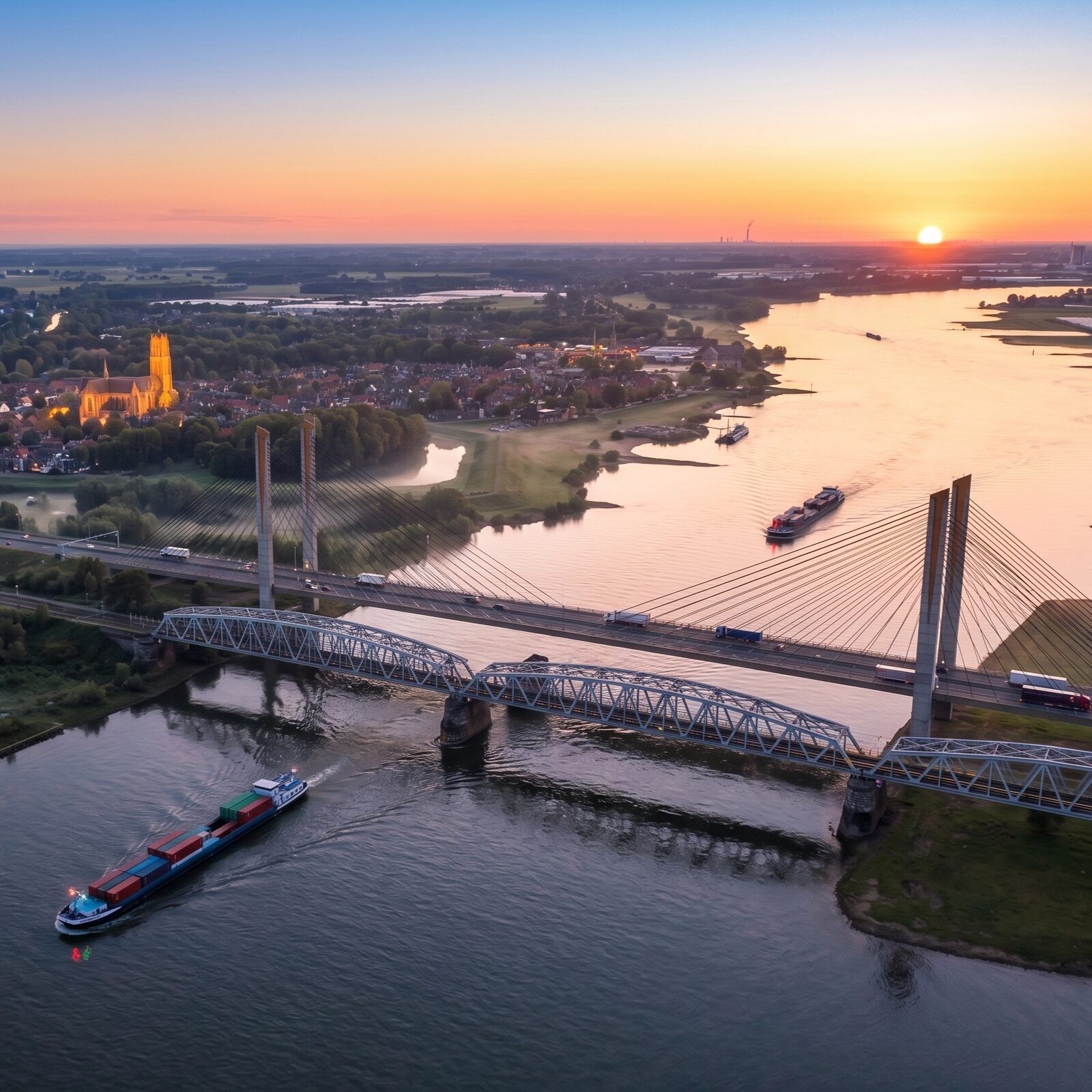 Zaltbommel vanuit de lucht met de zon laag boven de horizon: de Waal, de Martinustoren en de brug over de rivier.