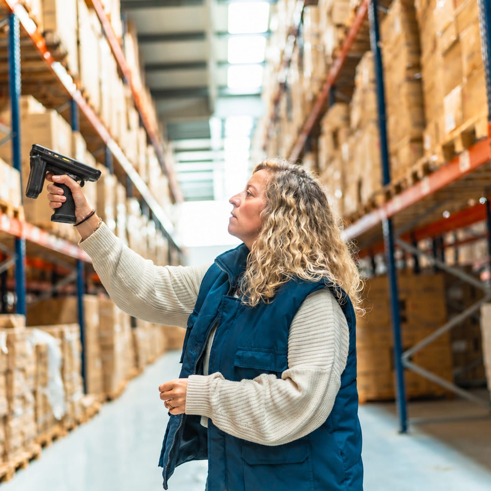 Een magazijnmedewerker houdt een RFID-reader omhoog en zoekt daarmee langs een palletstelling.