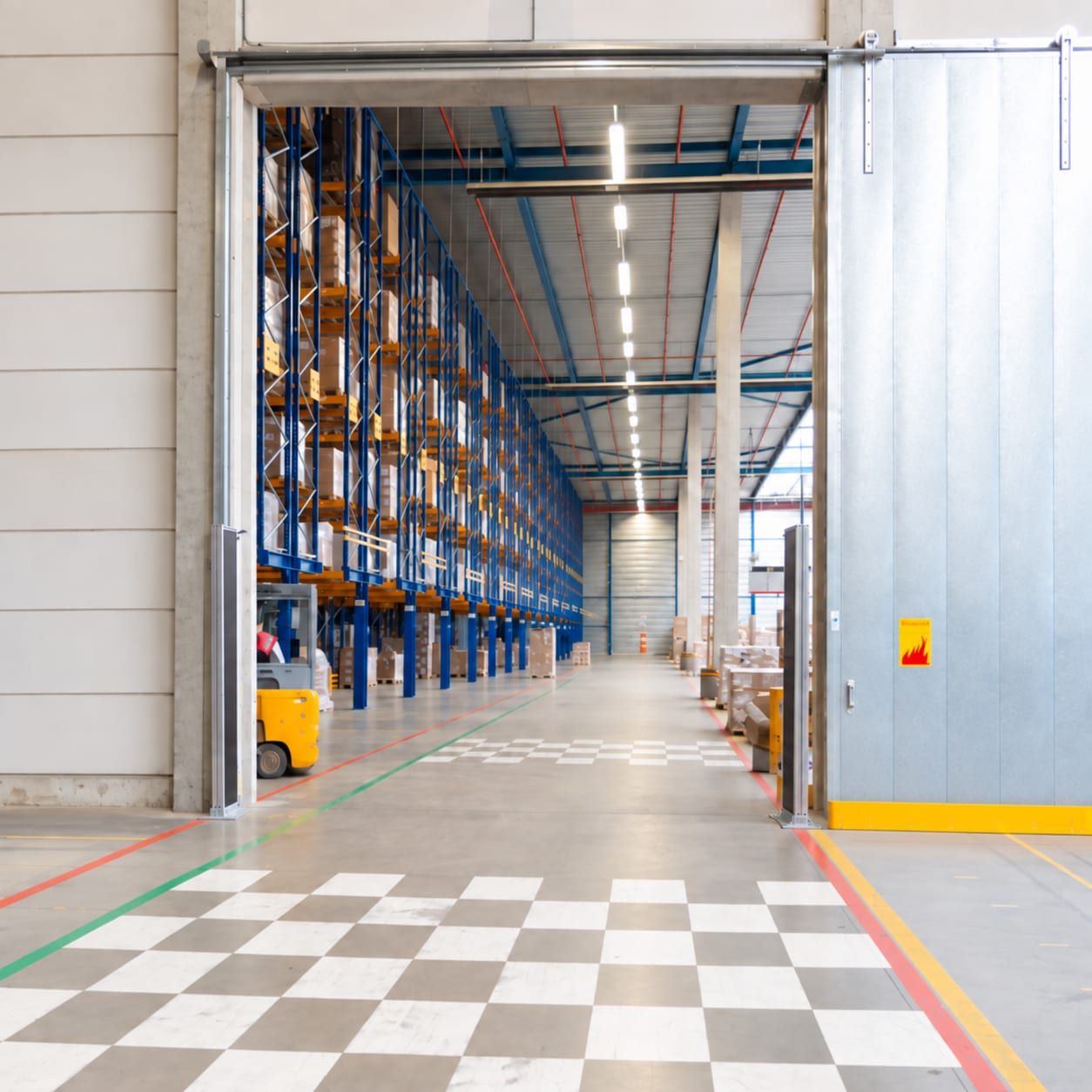 Twee slanke RFID-antennes aan weerszijden van een open doorgang tussen twee magazijnhallen, met hoge palletstellingen en een heftruck erachter.