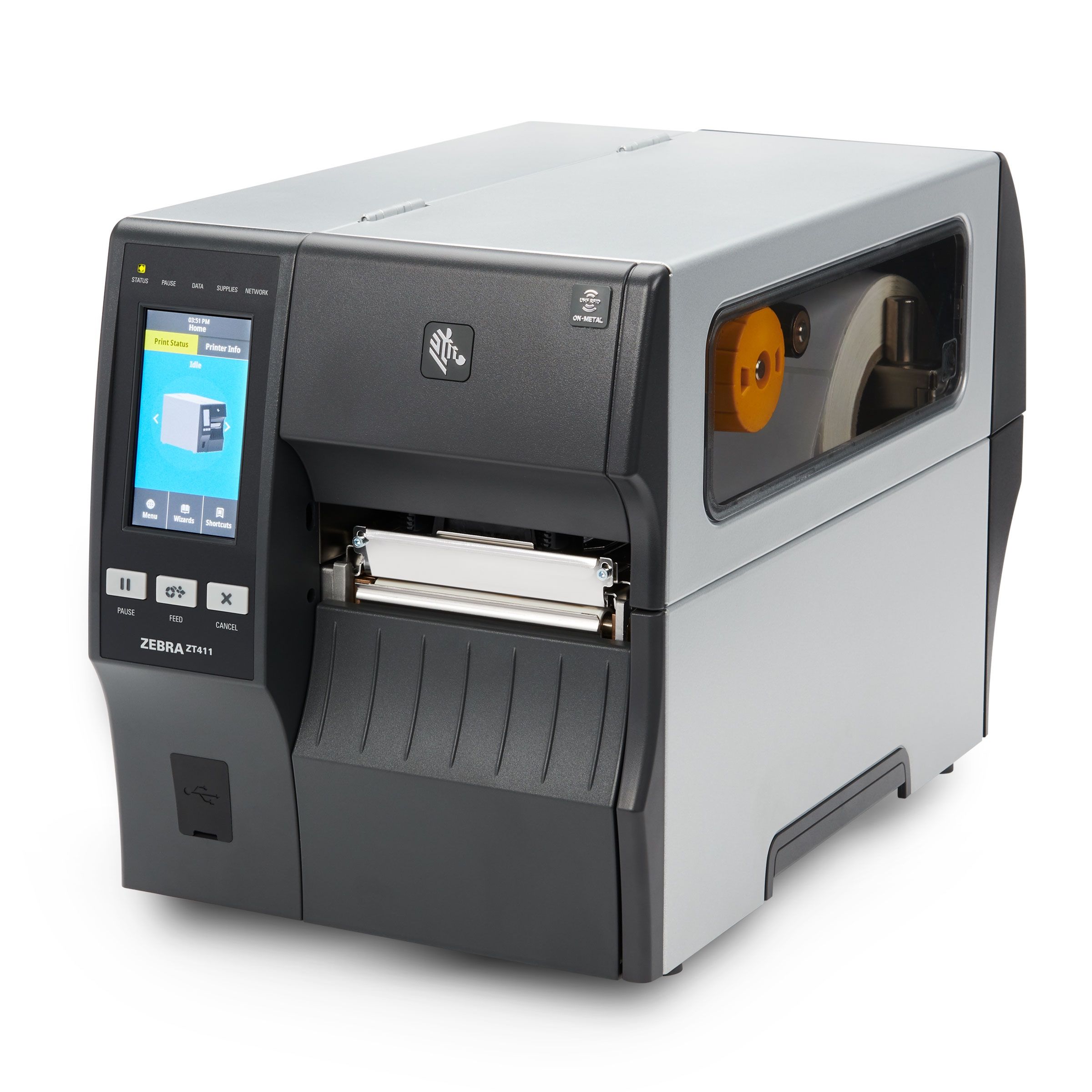 Industriële RFID-printer, gesloten, met de labelrol zichtbaar achter het venster en het bedieningsscherm aan de voorkant.